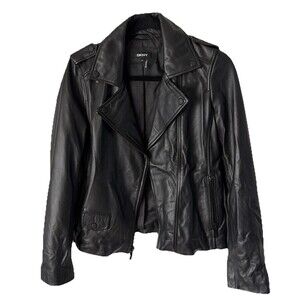 DKNY Genuine Black Leather Moto Jacket Womens XS Biker Asym Zip Minimalist